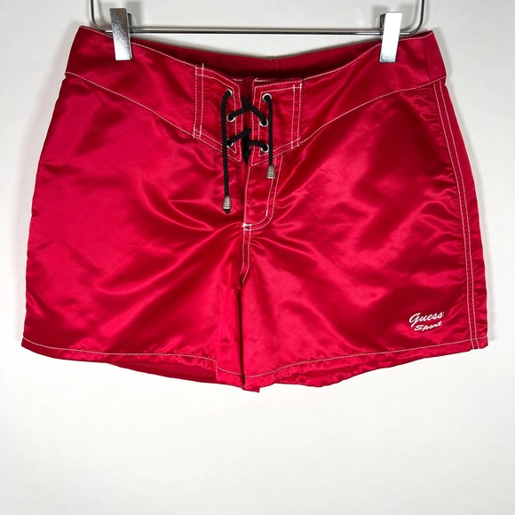Guess Pants - Vtg Guess Sport Women's Y2K Shorts Sz L Red Satin Lace Up Tie High-Rise